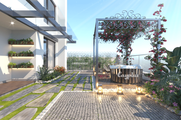 Cayplus thiết kế thi công vườn trên mái - tiểu cảnh sân thượng đẹp hiện đại